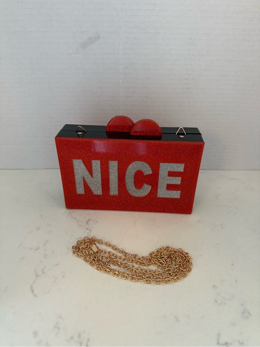 Red Glitter 'NAUGHTY' and “NICE” Acrylic Clutch with Gold Chain - Picture 3 of 5